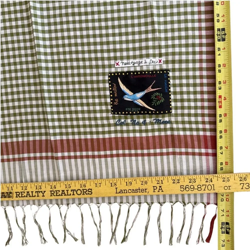en Soie Zurich Satu Scarf 160 100% Silk Vichy Check Gingham Embroidered Sparrow